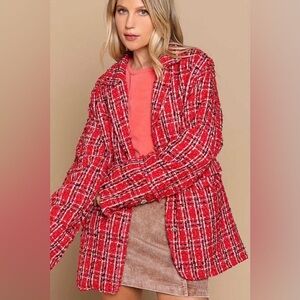 NWOT POL Red and White Plaid 2 Button Blazer - Size M